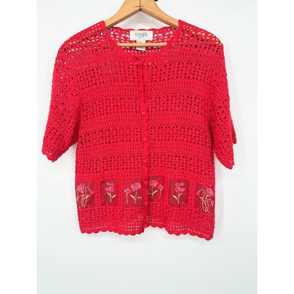 Vintage Teddi Cardigan‎ Sweater Womens M Red Embroidered Floral Crochet Cottage